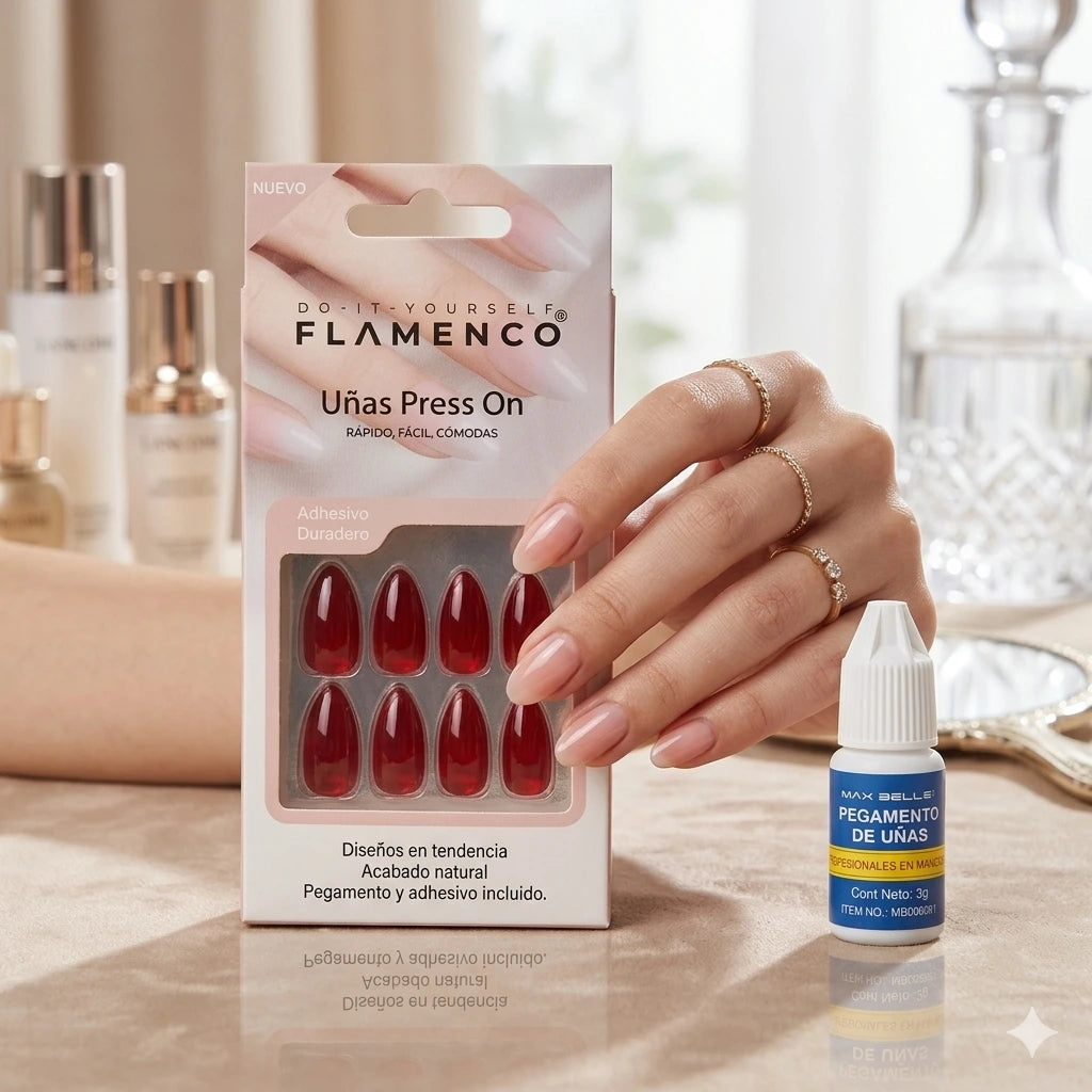 Uñas Press On Flamenco con Pegamento | Manicure Fácil y Reutilizable