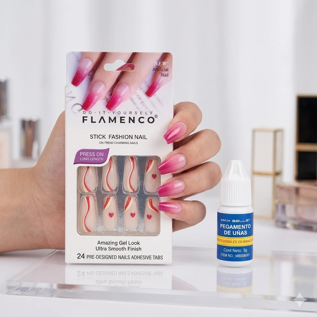 Uñas Press On Flamenco con Pegamento | Manicure Fácil y Reutilizable