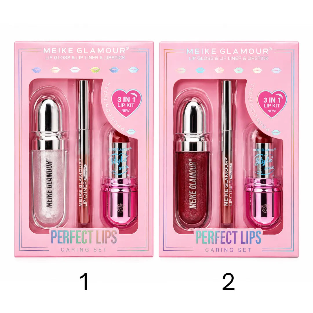 Set Perfect Lips Meike Glamour 3 Piezas — Lip Gloss + Lip Liner + Lipstick