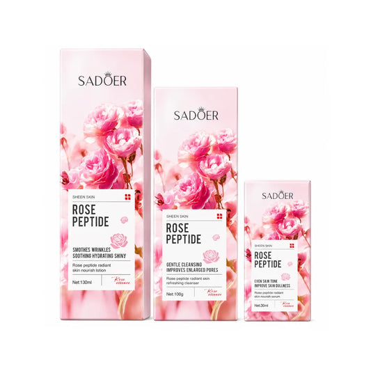 Set Skincare Sadoer Rose Peptide 3 Pasos — Loción + Limpiador + Sérum | Firmeza y Luminosidad