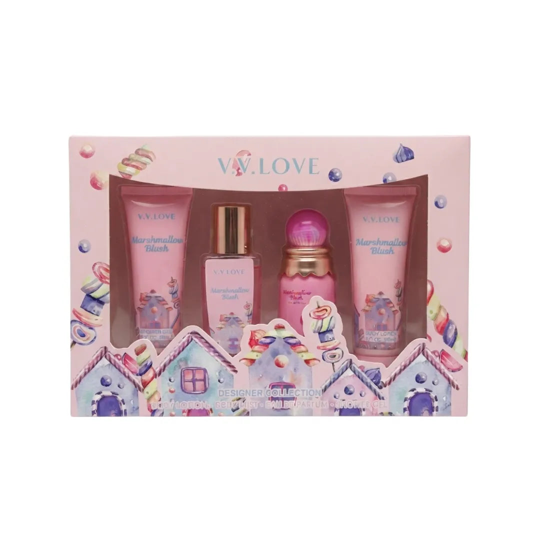 Set VV Love Marshmallow Blush 4 Piezas — Splash 50ml + Perfume 20ml + Loción 50ml + Gel de Ducha 50ml