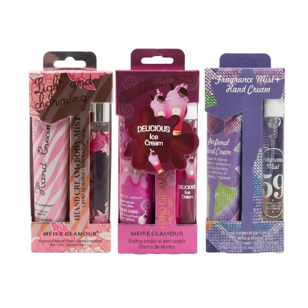 Pack 3 Sets Crema de Mano 30g + Mini Perfume de Cartera — Aromas Frescos y Dulces